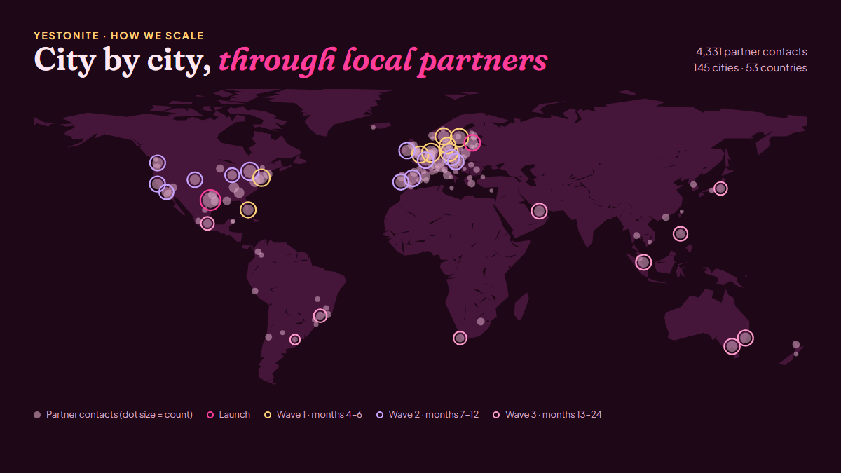 World map with dots on the cities where YesTonite has partner contacts and rings for the planned launch waves